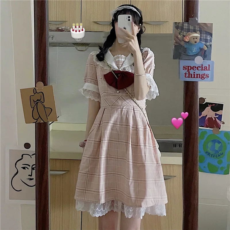 

Japanese Summer Soft Girl Style Dress Sweet Lace Sailor Collar Bow Kawaii Ruffles Short Sleeve Dress Vintage Pink Plaid Dress