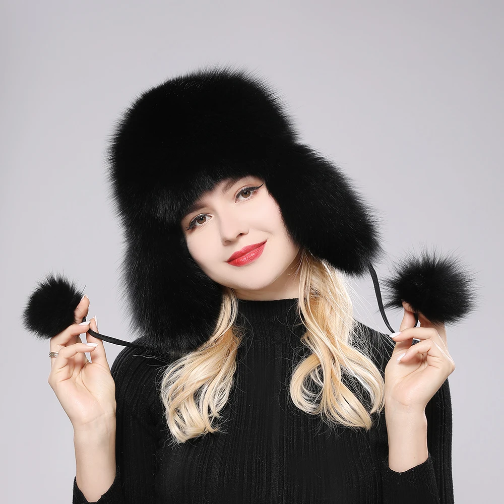 

2021 100% Real Fox Fur Hat Women's Russian Ushanka Aviator trapper snow skiing Hat caps earflap winter raccoon fur Bomber hat