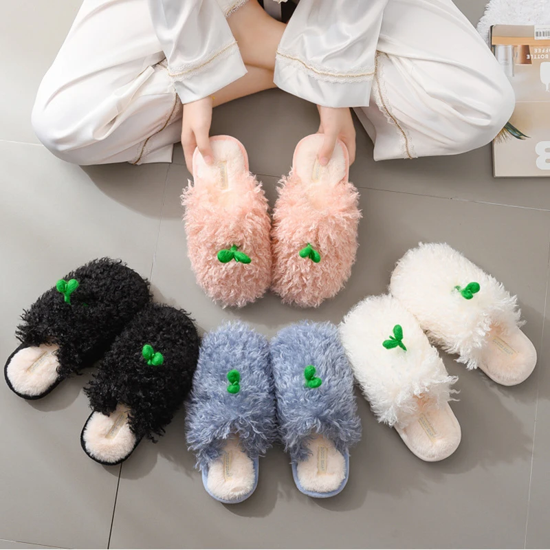 

Women Warm Plush Fur Slippers Winter House Floor Shoes Couples Indoor Comfy Slipper Solid Color Female Soft Flurry Slides 2021