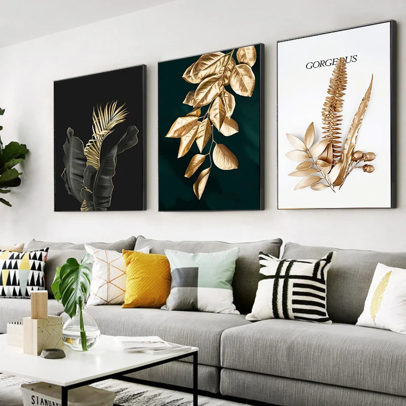 Модные абстрактные Золотые листья растения картина постер на стену современный