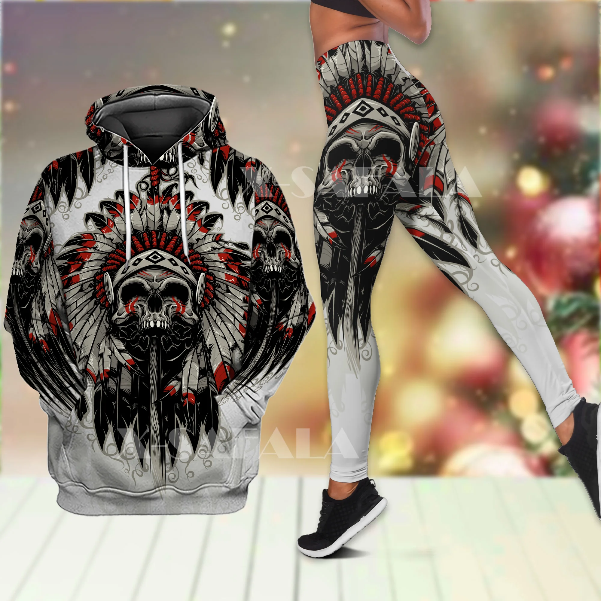 

Native Skull Feather 3D Print Combo Hoodie High Waist Legging Women Outwear Leggings Hooded Pullover Suit Tracksuits Two Piece