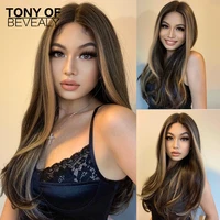 lace front wigs brown highlight blonde synthetic hair wig middle part for women long natural wavy glueless transparent lace wig
