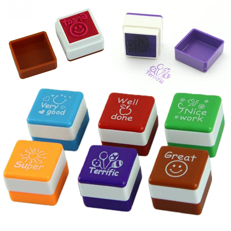 

6pcs ABS Square Shaped Stamps Specified Teachers Comments Cute Seal Cartoon Stamp Set English Teacher Mark Correct Homework Seal