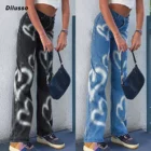 Женские модные джинсы, повседневные джинсы, облегающие женские рваные джинсы с бахромой, широкие штаны, джинсы с завышенной талией и принтом в виде сердечек, женские брюки