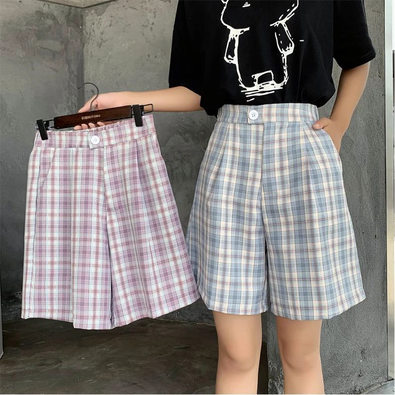 

Purple Plaid Shorts Women's A Line Shorts Button Chic Casual Slim High Waist Wide Leg Loose Street Wear Fashion New 2021