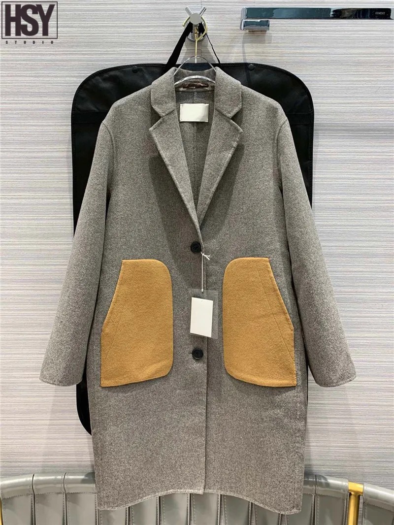 【HSY】2019 Осень Зима Новое Женское пальто камень серый микс изысканный цвет патч