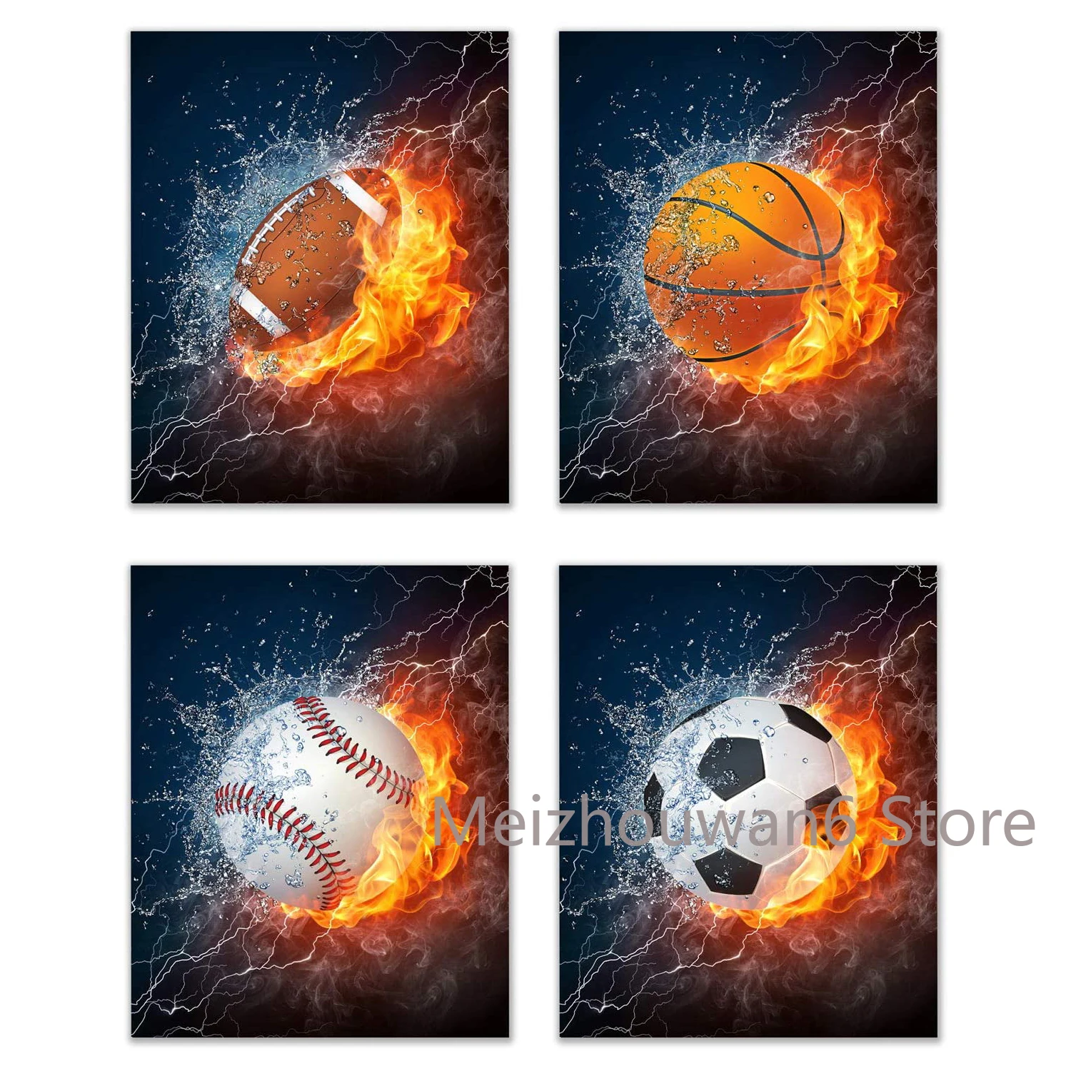 

Flame Sports Balls Wall Art Decor Metal Tin Sign Set of 4 (8x12) Inch Poster Sign Metal Plaque Bedroom Living Room Gift Idea