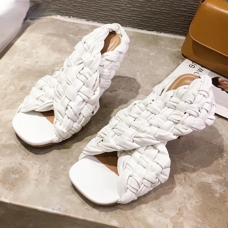 

Sexy Thin High Heels Fashion Ladies Gladiator Sandals Weave Open Toe Slip On Rome Slides Women Dress Shoes size 41 42