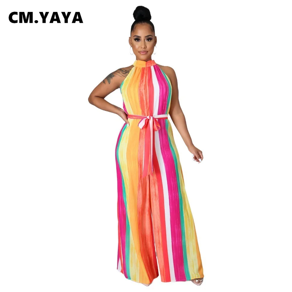

Женский комбинезон в полоску с поясом CM.YAYA, Свободный комбинезон без рукавов с широкими штанинами, модный цельный комбинезон, летняя одежда ...