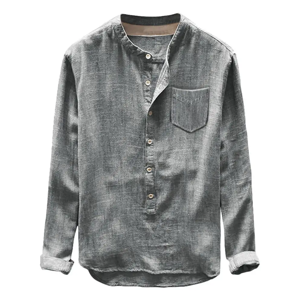 

Autumn Casual Men Shirt Chemise Homme Cotton Linen Solid Color Long Sleeve Button Pocket Loose Shirt Blouse Tops Daily Clothes
