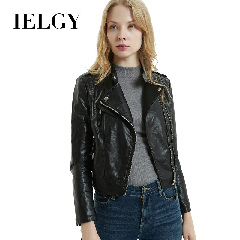 

IELGY куртка из искусственной кожи со стоячим воротником, модное байкерское украшение, тонкое потертое короткое пальто