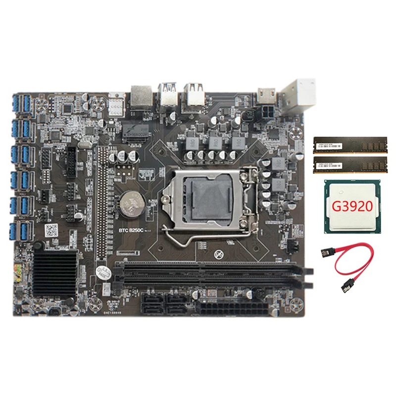 

B250C Mining Motherboard with G3920 CPU+2XDDR4 4G 2133Mhz RAM+SATA Cable 12XPCIE to USB3.0 Card Slot Board for BTC