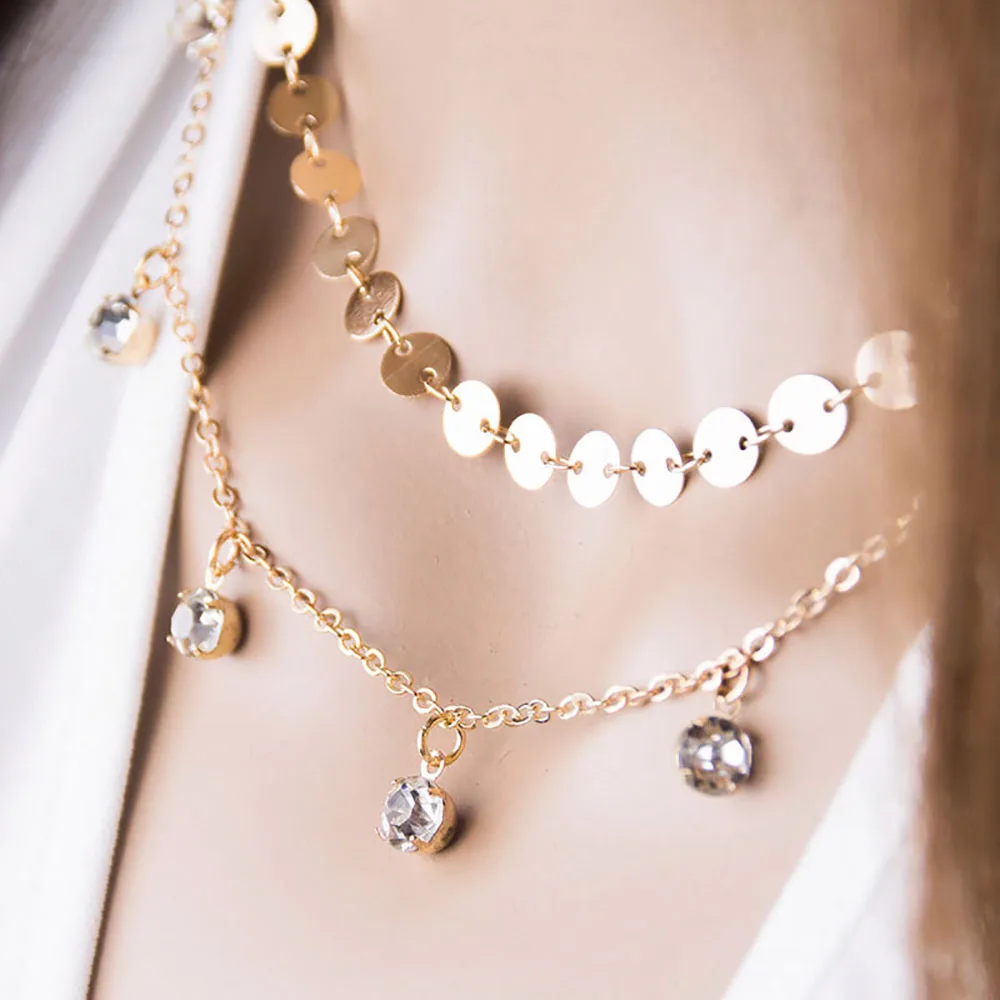 

Fashion Crystal Pendant Necklace for Woman Gothic Double Layer Clavicle Chain Choker Necklace 2021 Prom Trend Jewelry Gift