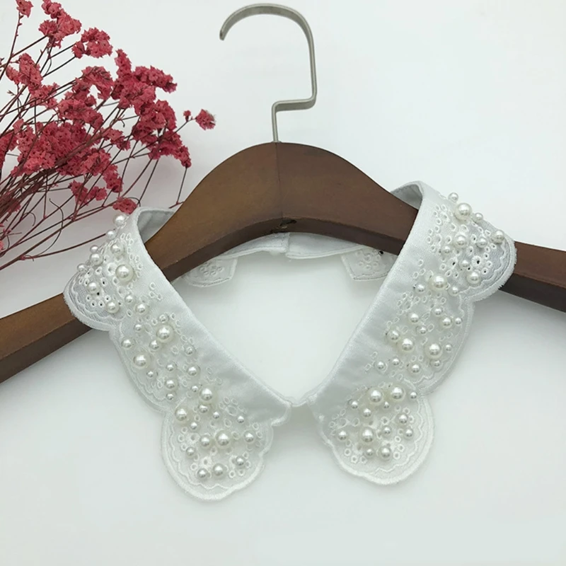 

Women Elegant Scalloped Butterfly Lace False Fake Collar Handmade Imitation Pearl Beading Detachable Choker Necklace Decorative