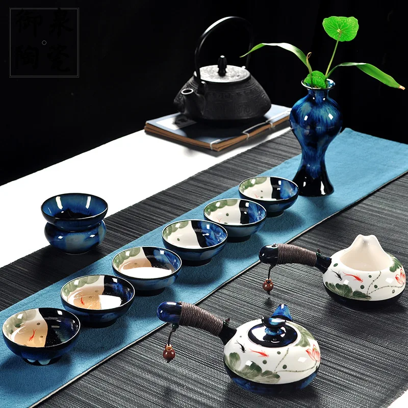 

Hand painted ceramic kungfu tea set Japanese tea cup kiln side handle pot gift home with gift box