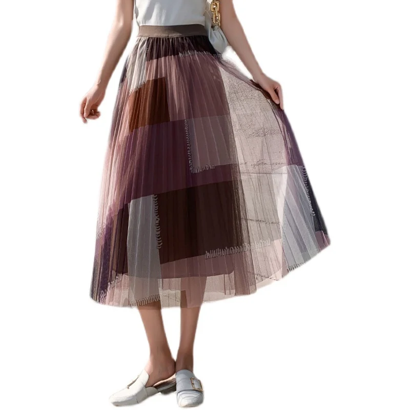 

Elegant High Waist Print Skirt Women Fashion Female Long Skirt Pleated Tulle Skirt Ladies Women's Maxi Skirts chic