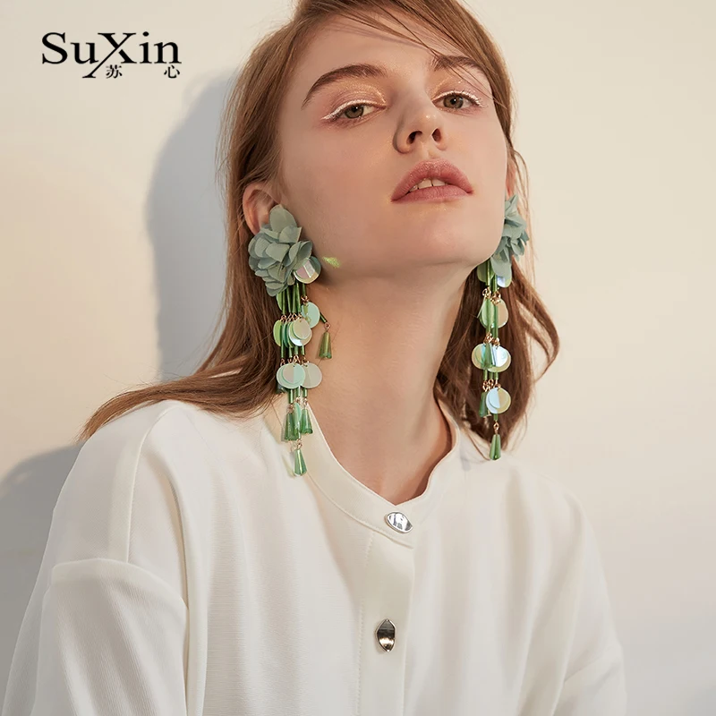Серьги SuXin новинка 2020 простые темпераментные серьги с зелеными цветами и