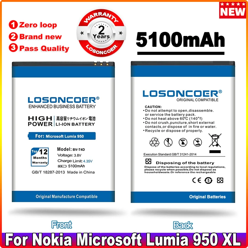 

LOSONCOER 5100mAh BV-T4D Battery For Nokia Microsoft Lumia 950 XL CityMan Lumia 940 XL RM-1118 BVT4D Mobile Phone Battery