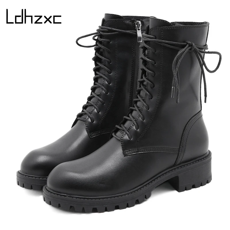 

LDHZXC winter Fall Chunky Motorcycle Boots For Women Black Lace Up Ankle Boots Block Heel Fashion Shoes Party Street Drop Ship