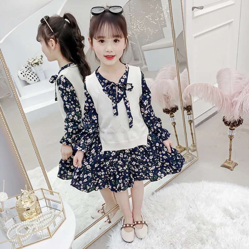 

2021 spring children's clothing new children's suit floral dress two-piece knitted vest
