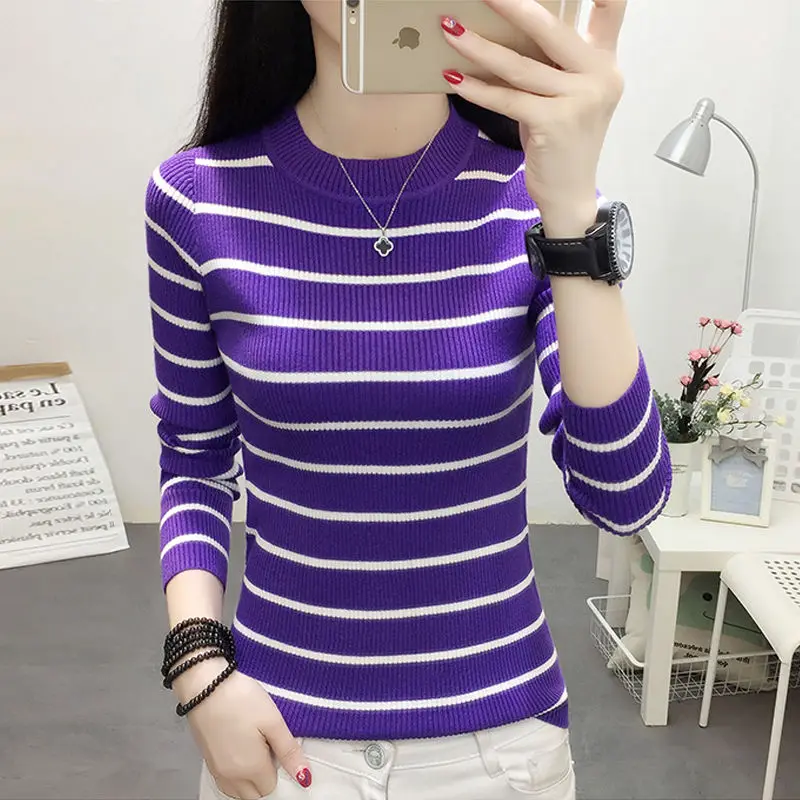 

Slim women's long sleeve undergarment 2021 spring and autumn new striped round neck Pullover Sweater women's fashion