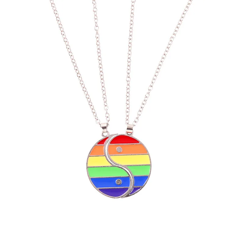 

2Pcs/Set Retro Rainbow Yin Yang Tai Chi Gossip Pendant Rainbow Flag Necklaces For Women Men Gay Love Choker Chain Jewelry Gift