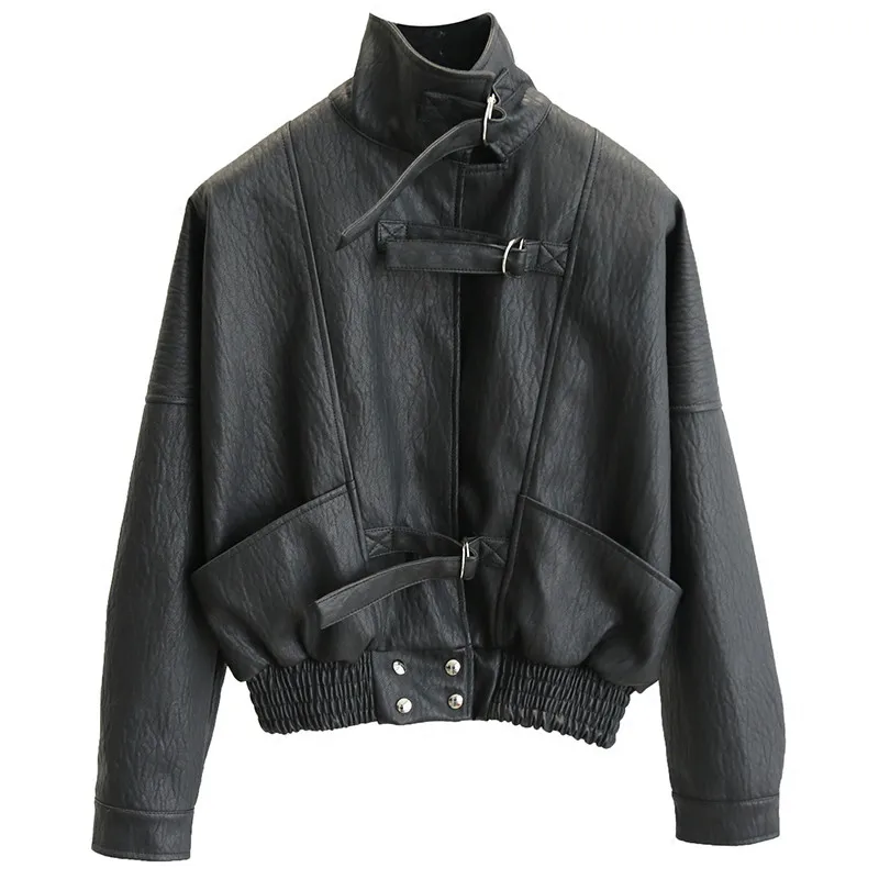 

Spring Autumn Streetwear Coats Women Loose Batwing Sleeve Zipper Casual Leather Jacket Ladies Zipper Black Short Pu Outerwear