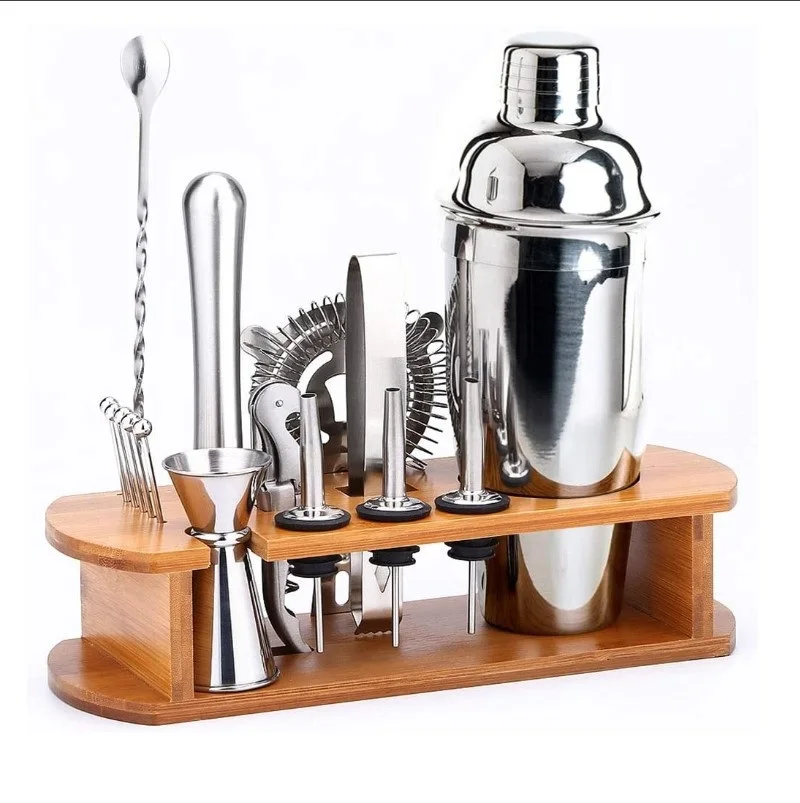 

350/550/750ml Premium Cocktail Shaker Bartender Kit with Natural Bamboo Stand Stainless Steel Wine Drinking Mixer Bartending Too