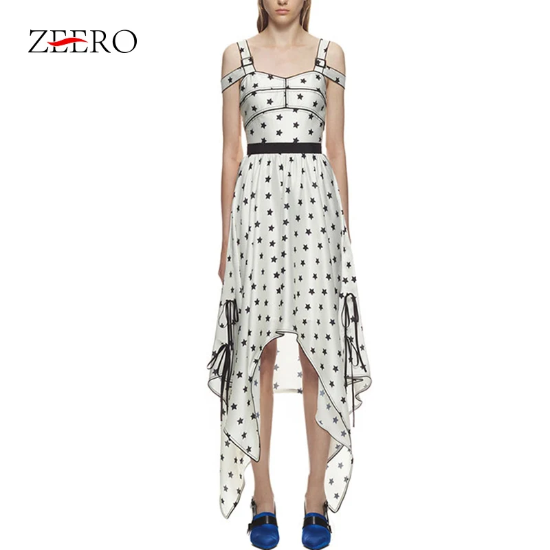 Женское платье Автопортрет на бретельках белое макси с принтом звезд лето