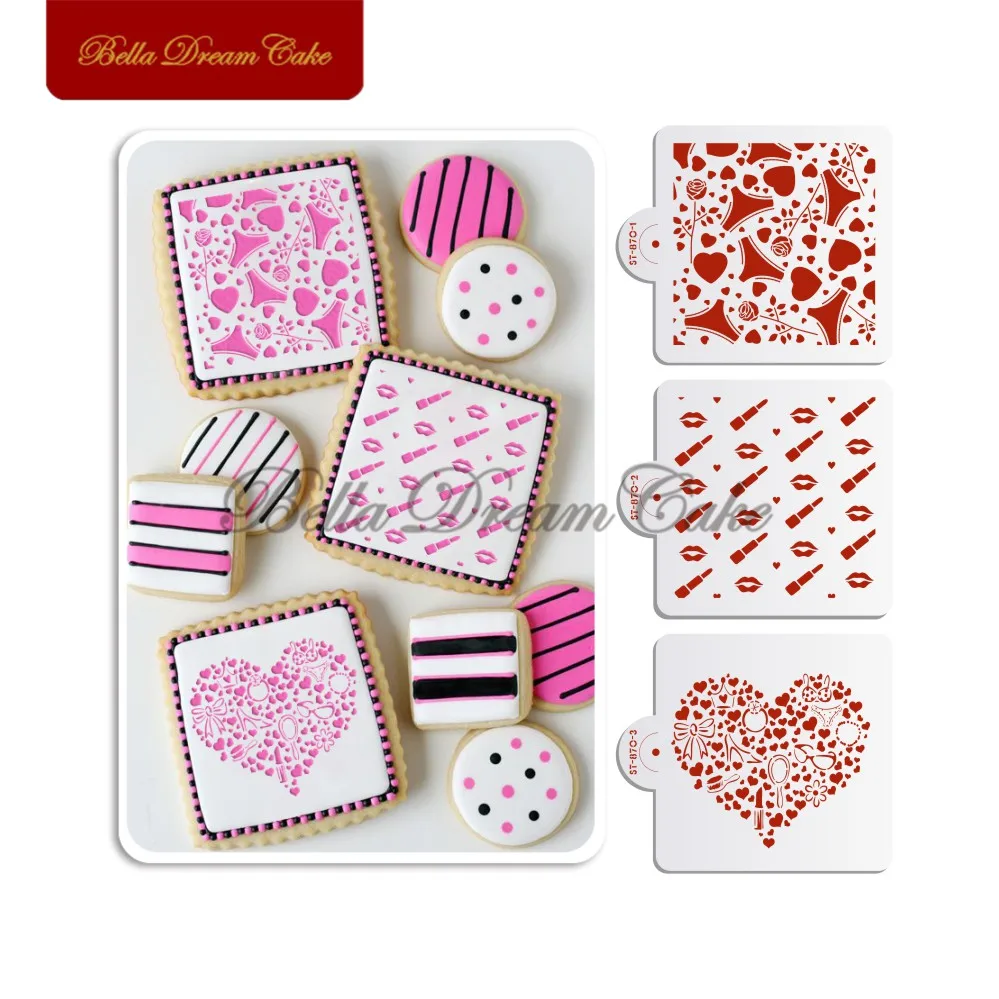 

3pcs/set Lipstick Heart Cookies Stencil Valentine's Day Cake Stencils Plastic Cake Mold Template Cake Decorating Tool Bakeware