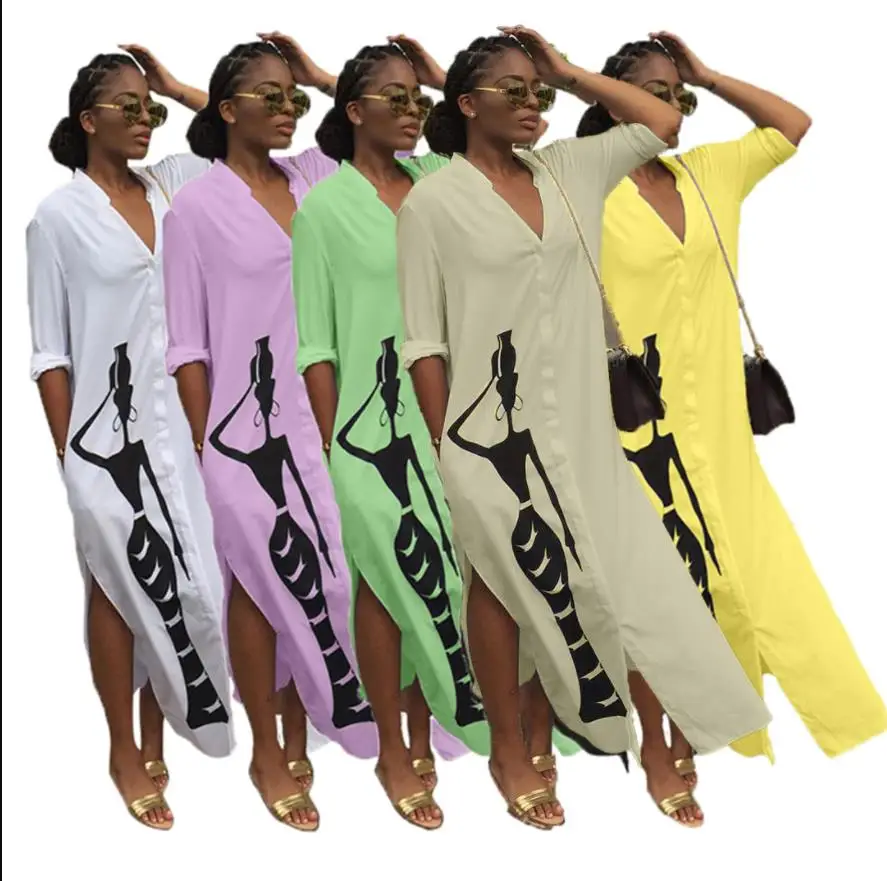 Африканское осеннее длинное платье рубашка женское с карманами рисунком