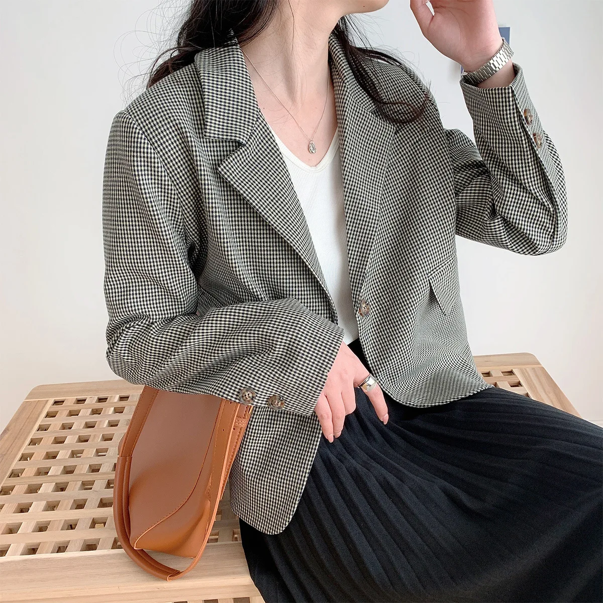 

Корейский костюм, пальто, весна и осень 2021, новый ретро-костюм в клетку, Свободный Повседневный короткий костюм, однобортный женский костюм ...