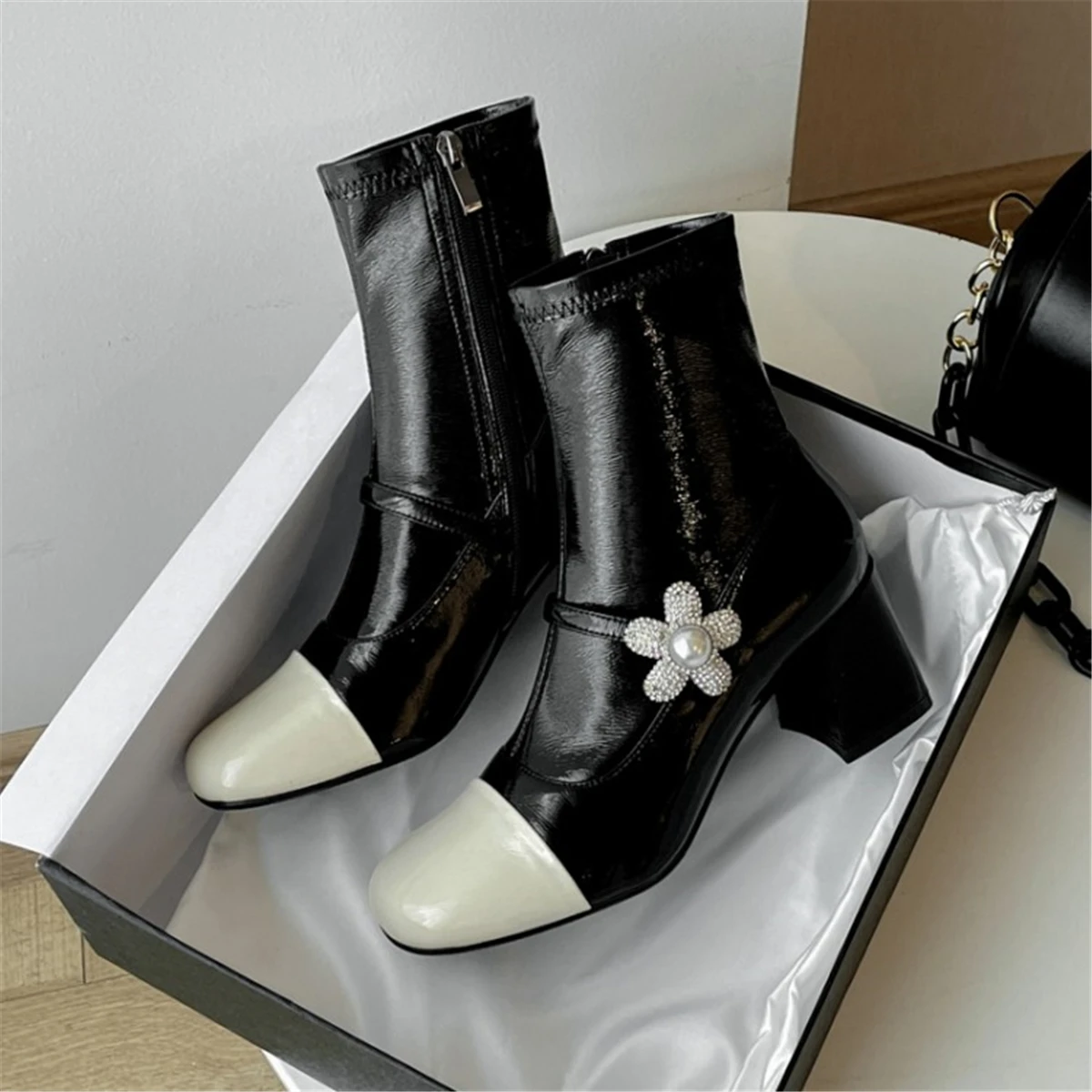 

kmeioo winter fashion shoes for woman round toe chunky heels jewel ankle boots 6.5cm shoe pearl flowe short boots