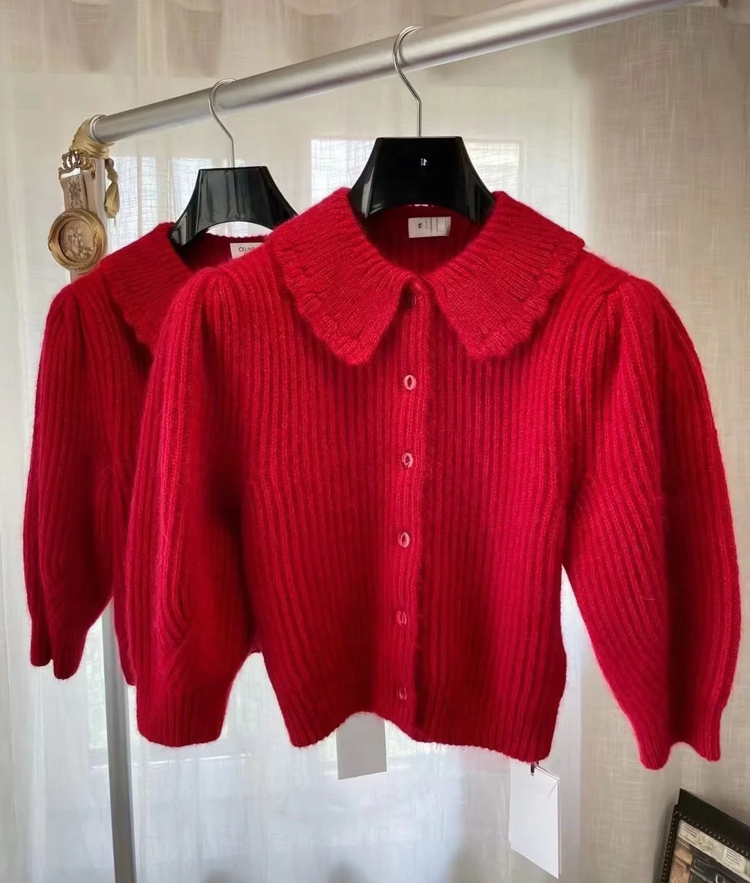

Red Puff Sleeve England Style Peter Pan Collar Knitted Cardigan for Women