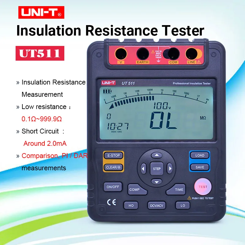 

UNI-T UT511 Digital Insulation Resistance Testers Meter 1000V 10Gohm Megohmmeter Low Ohm Ohmmeter VoltmeterAuto Range Megger