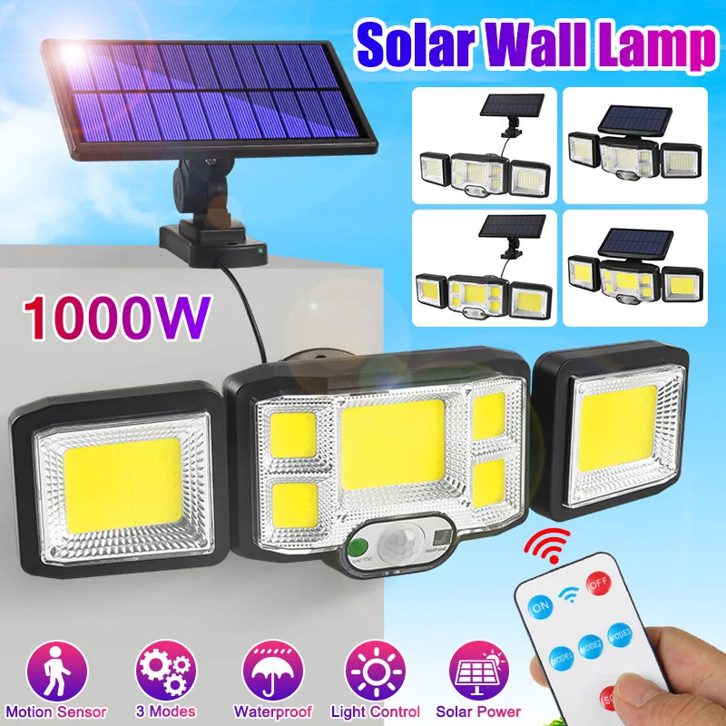 

1000W 192LED COB Solar Lights Outdoor 3 Head Motion Sensor 270° Wide Angle Illumination Waterproof Remote Control Wall Lamp