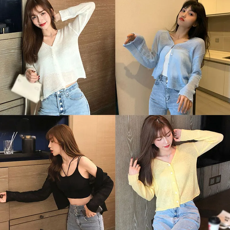 

Sunshine Protection 2020 New Knitted Cardigan Soild Color Hollow Out Thin Sweater Casual Long-sleeved Tops For Women