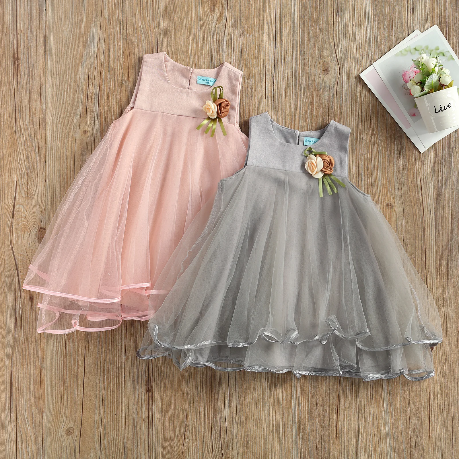 

Girls Multiple Layer Princess Dress, Sleeveless Round Collar Big Hem Cotton One-piece, Pink/ Grey