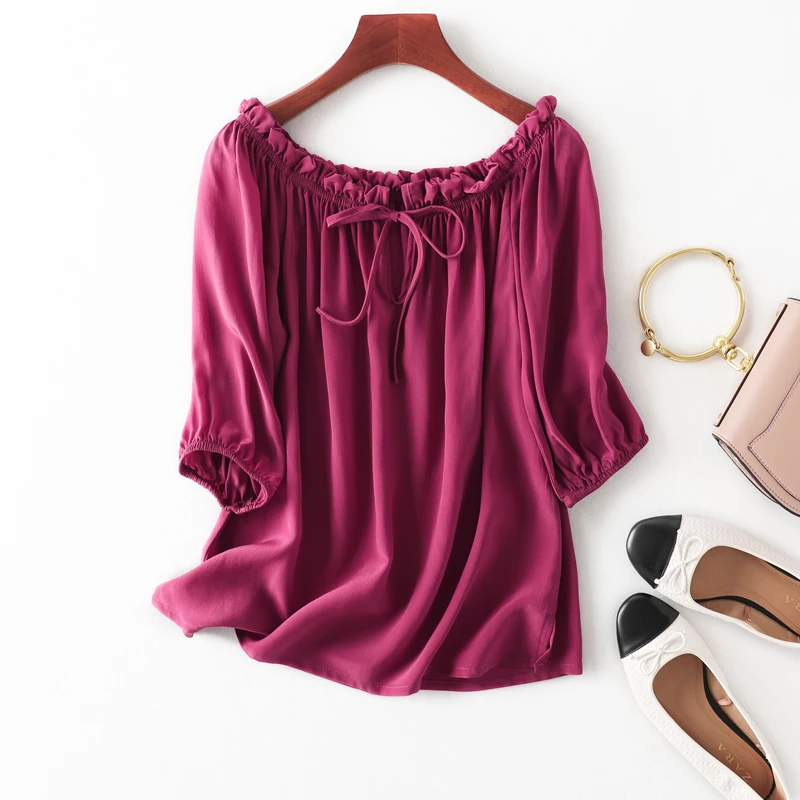 

Women Summer 100% Silk Blouse O neck Wine Red bow short sleeve office wear casual natural silk printed real silk shirt tops