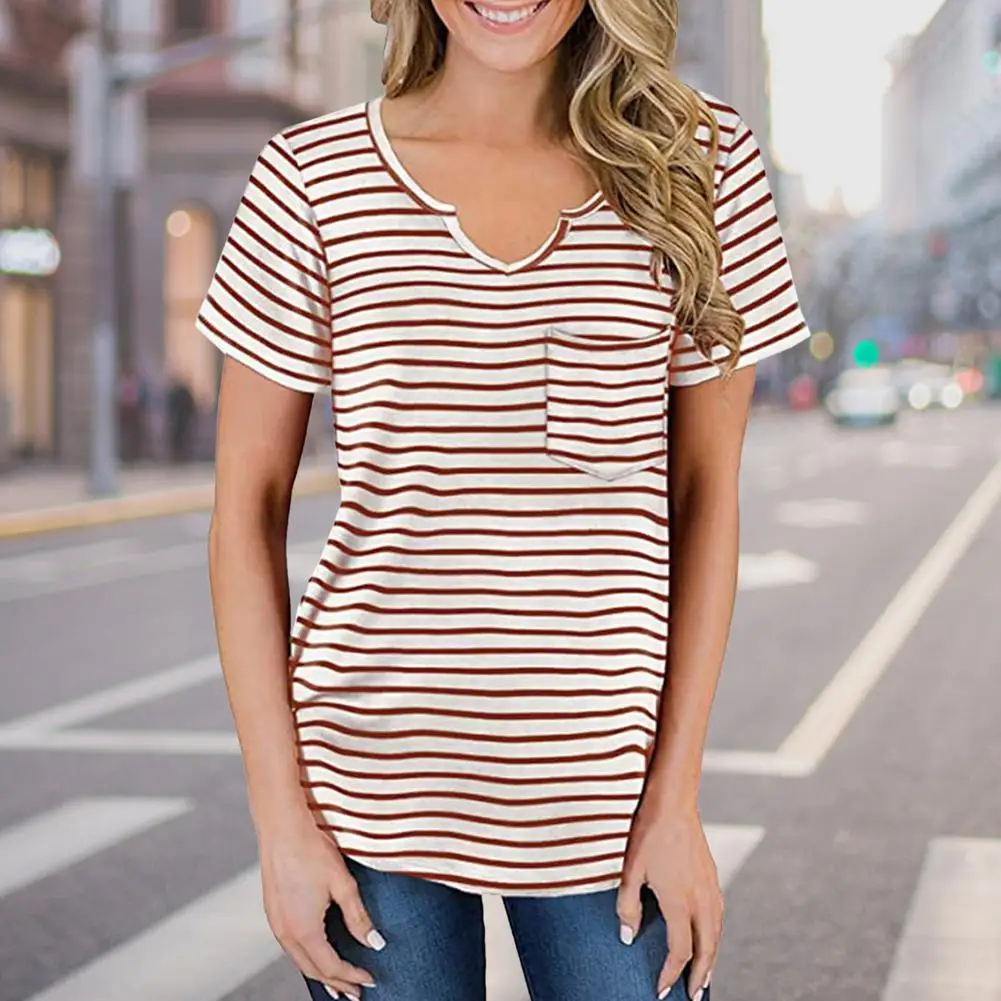 

Ladies Printed Shirt Striped Printed V-neck Women Cotton Top Casual Commuting Soft Breathable Comfortable