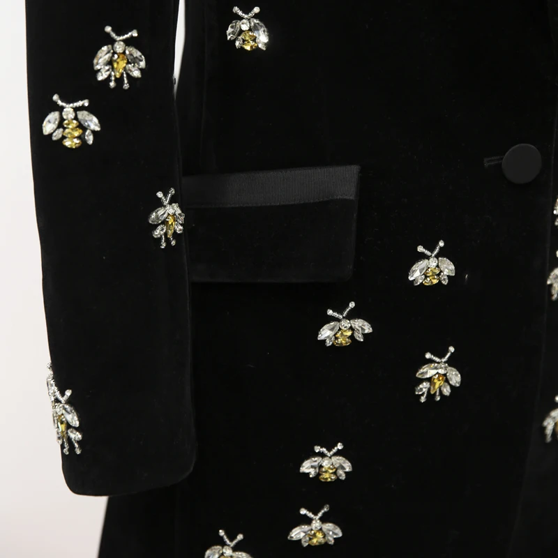 

Style 2021 European Luxury Designer Spring Fall Bees Beading Long Blazers Notched Black Velvet Slim Diamonds Plus Size Blazer