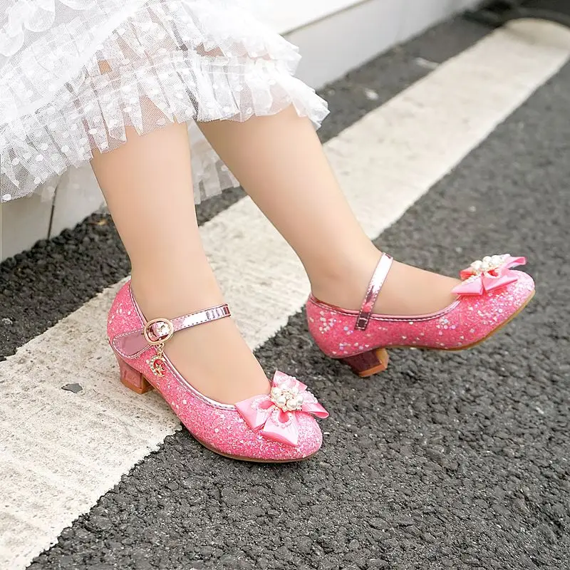 

Smeeroon Princess Kids High Heels Shoes for Girls Flower Casual Glitter Children Girls Shoes Butterfly Knot Blue Pink Purple