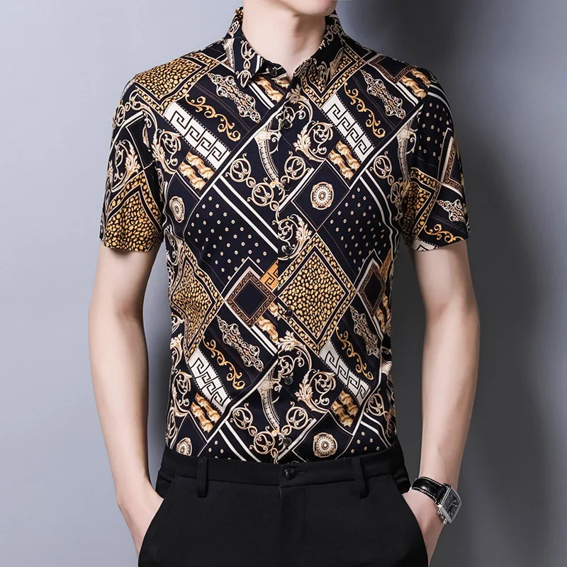 

C-3157 Изысканная 3d цифровая печать Роскошная рубашка с коротким рукавом Новинка летняя качественная мерсеризованная хлопковая гладкая Мужская рубашка M-XXXL