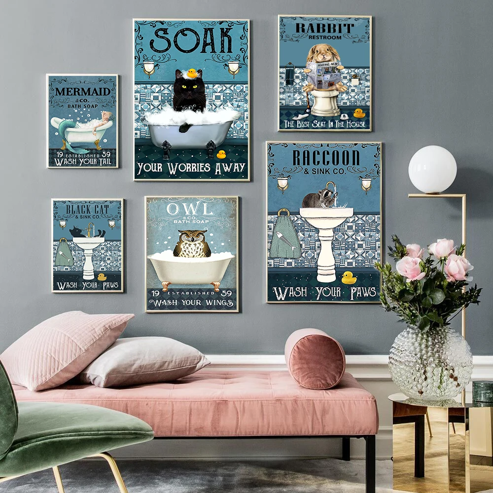 Настенная картина с изображением кошки русалки мопса енота панды жирафа ванны