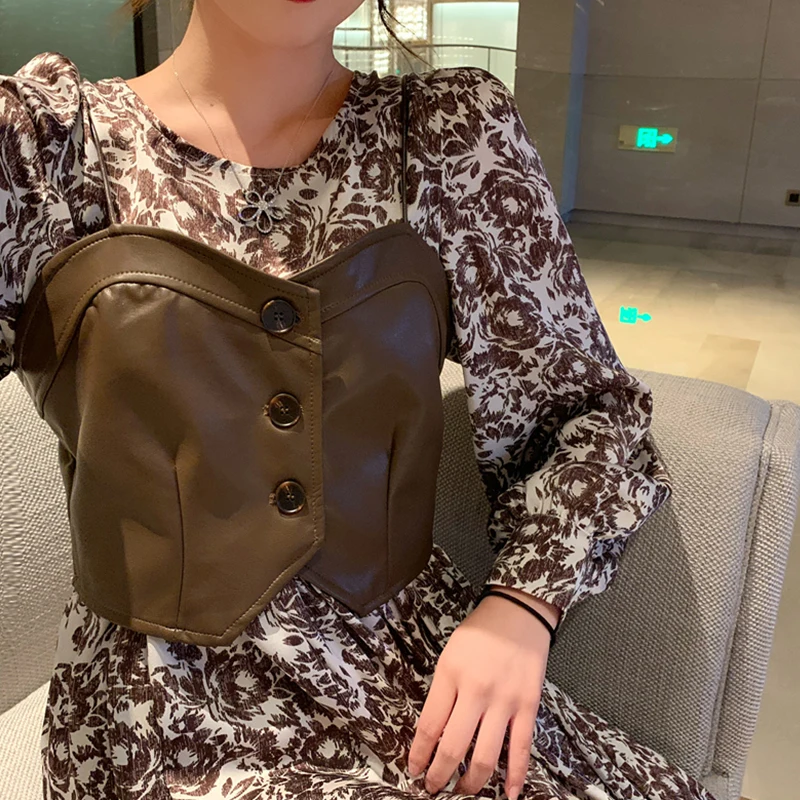 

Trytree 2020 Autumn Casual two piece Women Sets High Shoulder Puff Sleeve Elastic Waist Print Silky Dress + PU Vest 2 Piece Set
