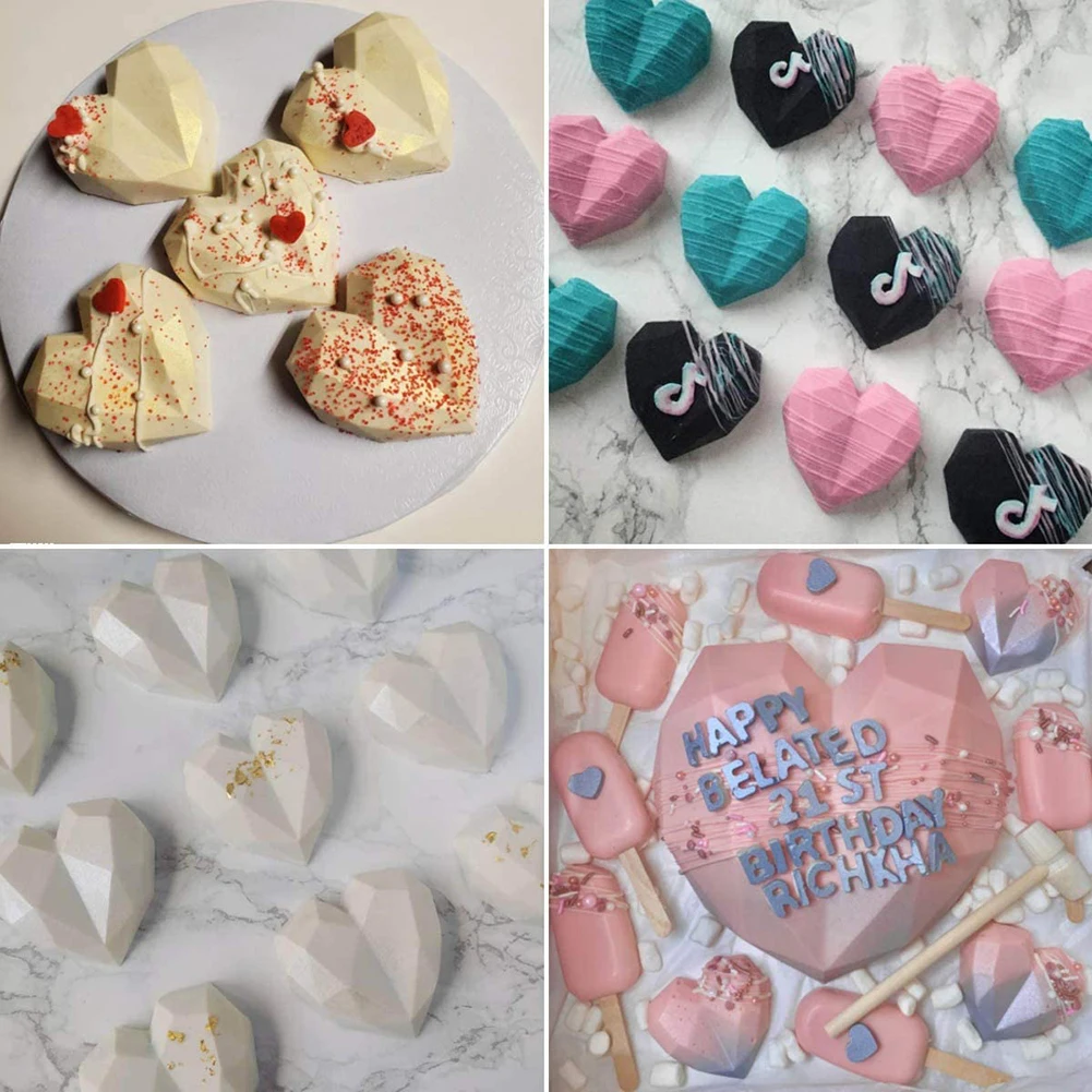 

3D Diamond Love Heart Shape Silicone Molds Bakeware Mousse Pastry Dessert Molds