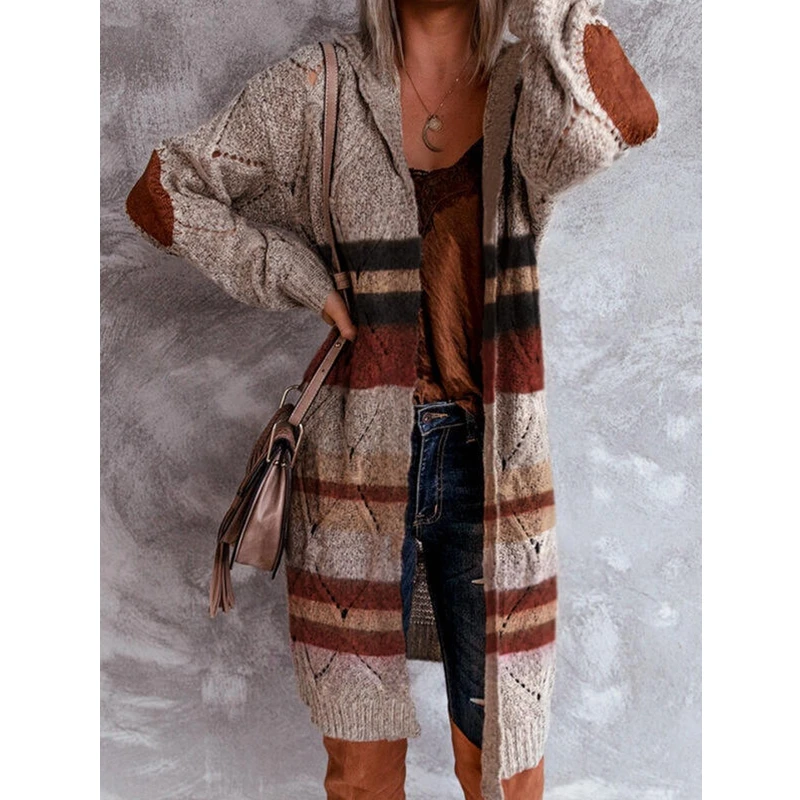 

Lugentolo, длинный кардиган, Осенние вязаные свитера для женщин, лоскутный цвет, длинный рукав, v-образный вырез, женские свитера