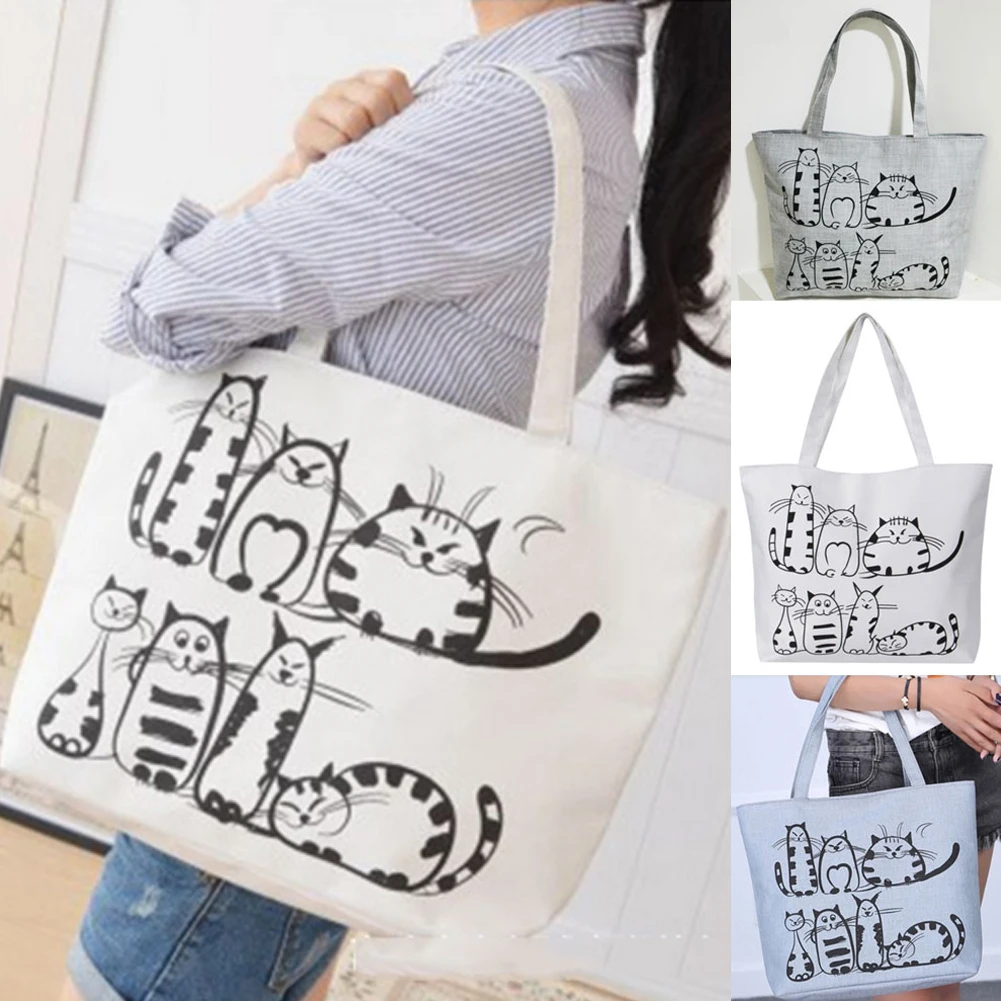 New Fashion Hand Drawn Cartoon Cat Canvas Bags Printed Beach Zipper Large Capacity Bag Tote Shopping Handbags | Багаж и сумки