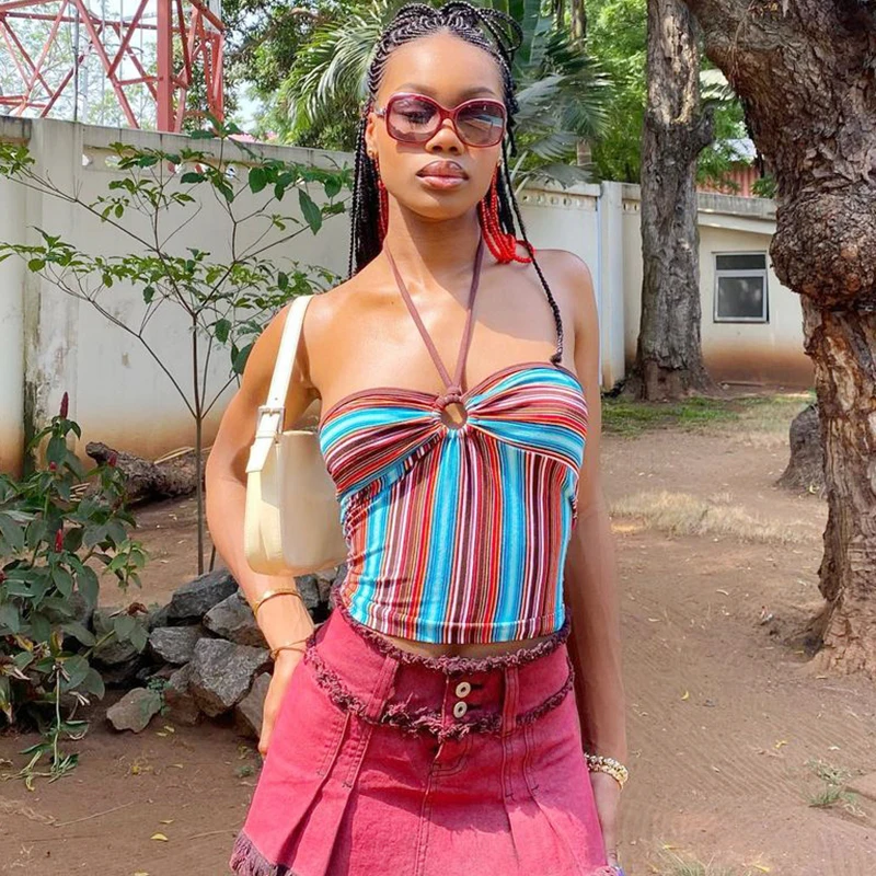 90s Vintage Striped Sleeveless Halter Camis Tube Top Women Summer Backless Crochet Cropped Tops Tees Y2K Aesthetic Streetwear | Женская