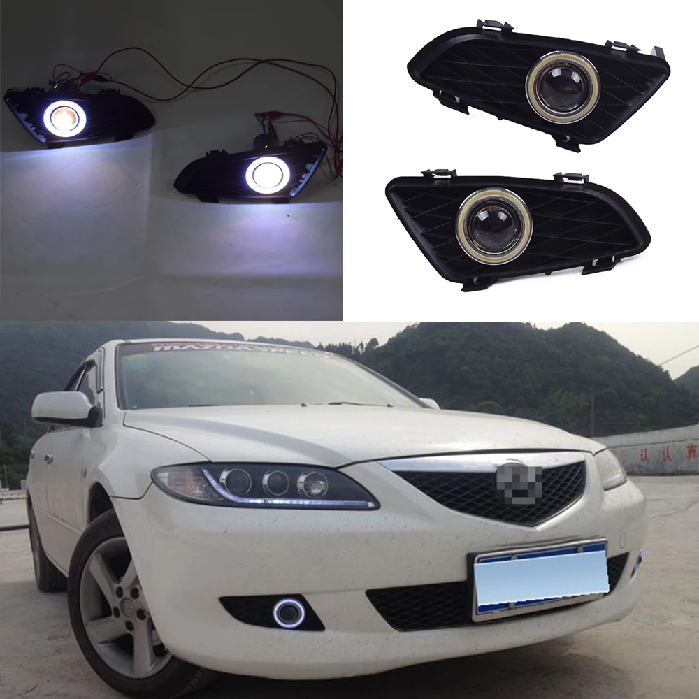 1 Pair LED Daytime Running Light with Halogen Fog Lamp for Mazda 6 2003 2004 2005 2006 2007 2008 replace original fog lamp hole |